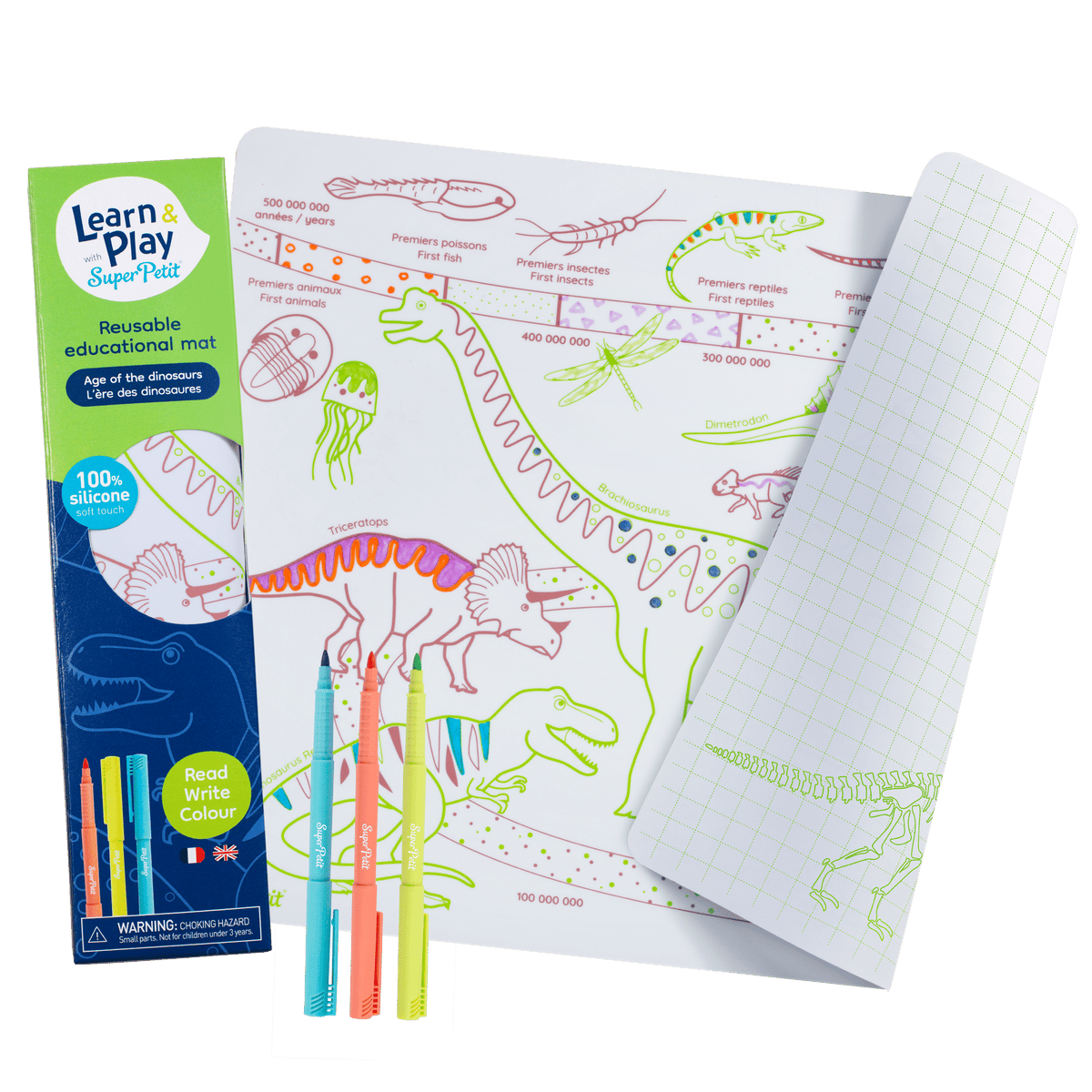 Coloriage éducatif réversible en silicone SuperPetit, frise chronologique des dinosaures
