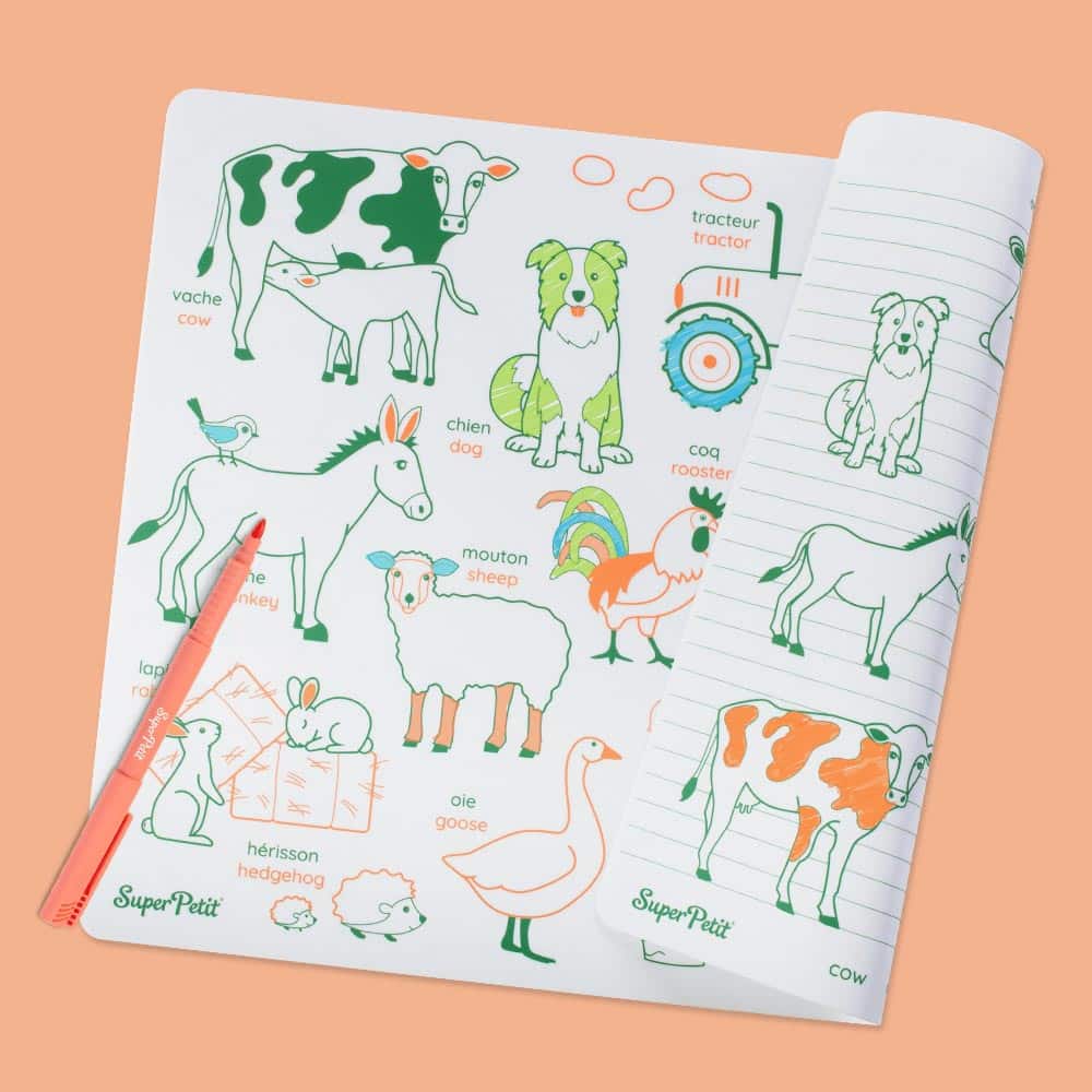 Coloriage éducatif réversible en silicone SuperPetit, animaux de la ferme bilingue