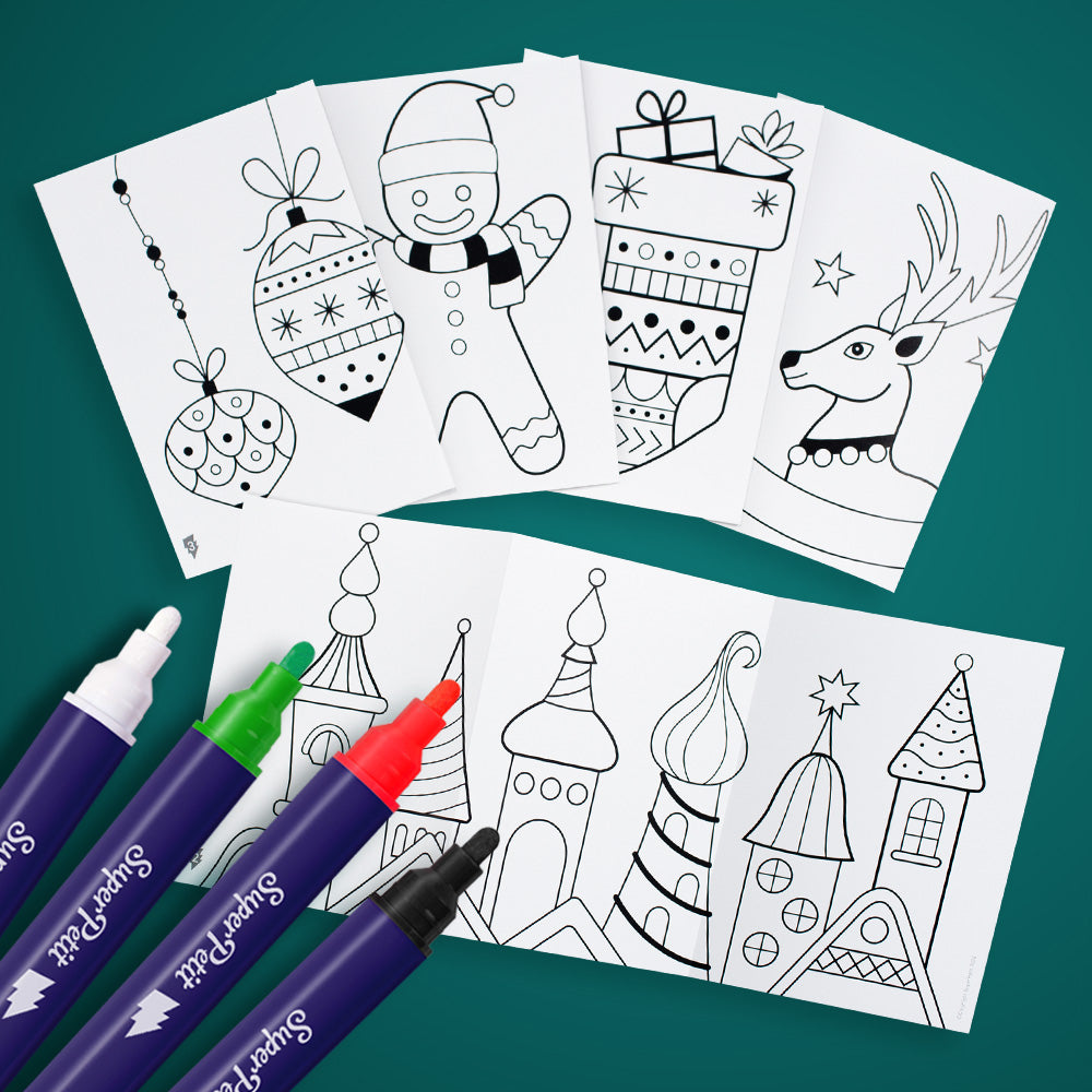 Boîte de 4 feutres pour vitres + 24 motifs de Noël