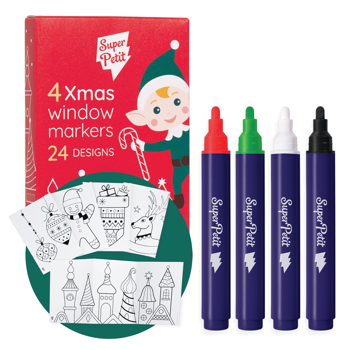 Boîte de 4 feutres pour vitres SuperPetit avec motifs de Noël à reproduire