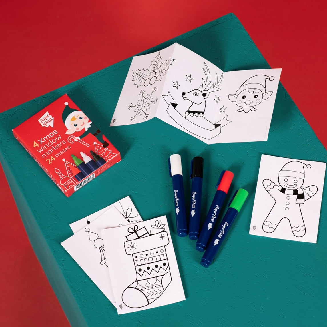 Boîte de 4 feutres pour vitres SuperPetit avec motifs de Noël à reproduire