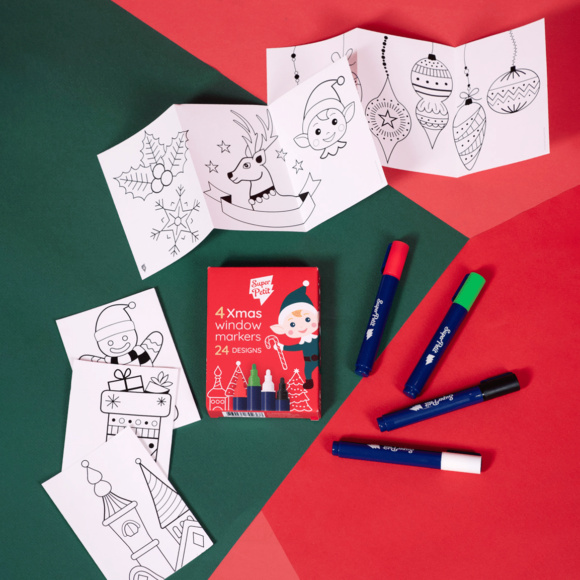 Boîte de 4 feutres pour vitres SuperPetit avec motifs de Noël à reproduire